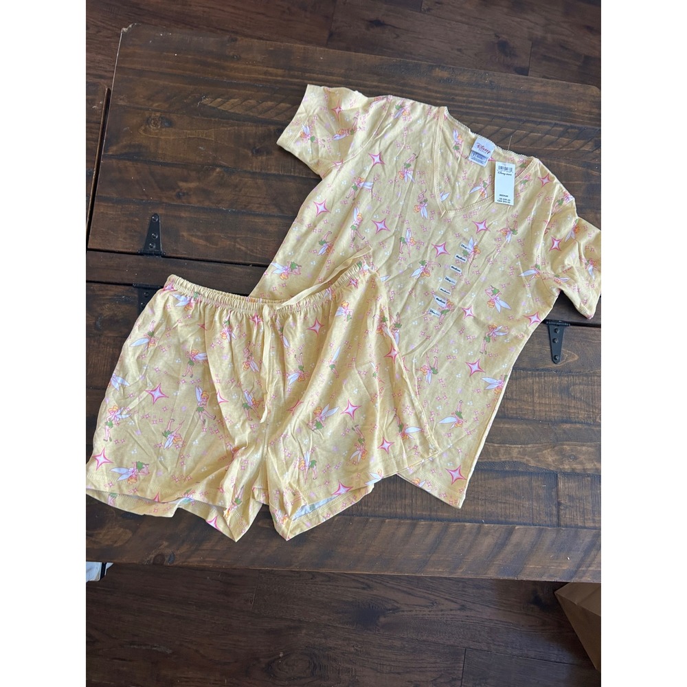 Vtg Disney Store Tinker Bell Pajama Set Womens Yellow Cotton Short Sleeve NWT M